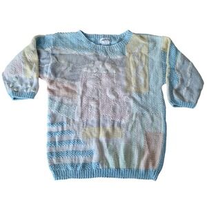 Jennifer Reed Knitted by Hand Sweater Pastel Patchwork Cotton Ramie Size S